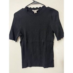 H&M Top Womens Size Medium Black Ribbed Knit Short Sleeve Pullover Stretch